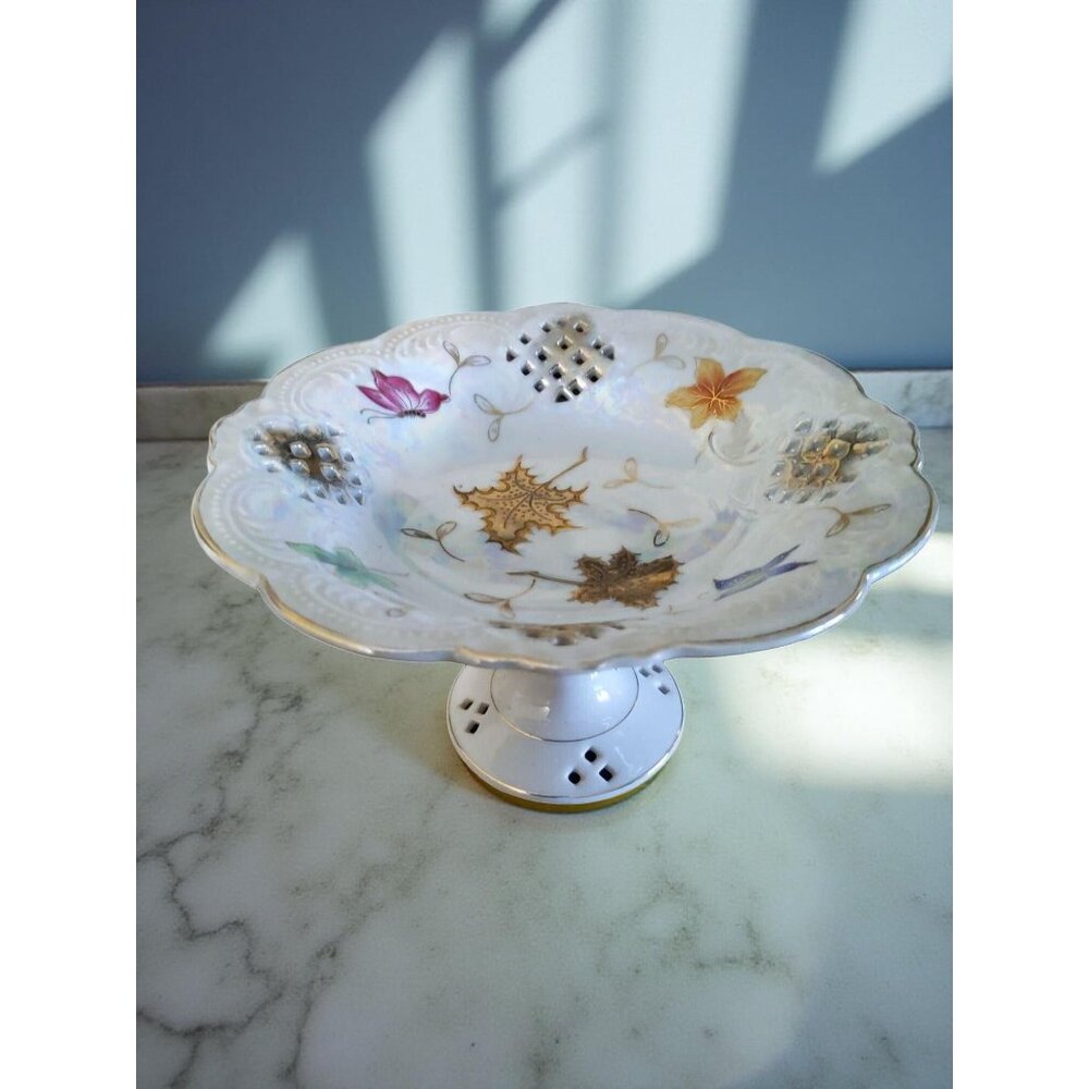 Vintage 1950's Lipper & Mann Pierced  Lusterware Porcelain Compote